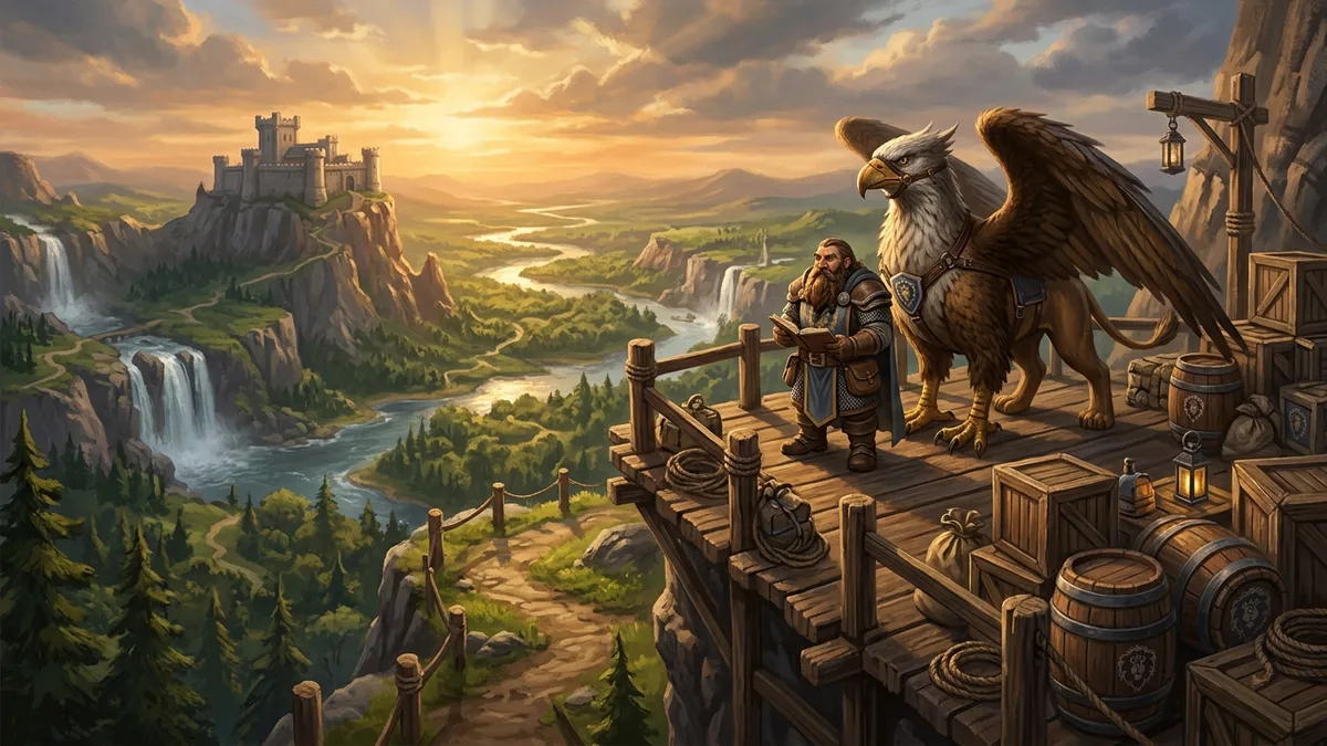 A gryphon flight master on a wooden platform overlooking a green river valley at golden hour