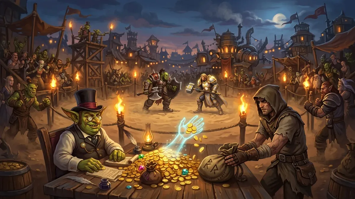 Painted illustration of a duelling ring and a table piled with gold as a spectral hand lifts coins away
