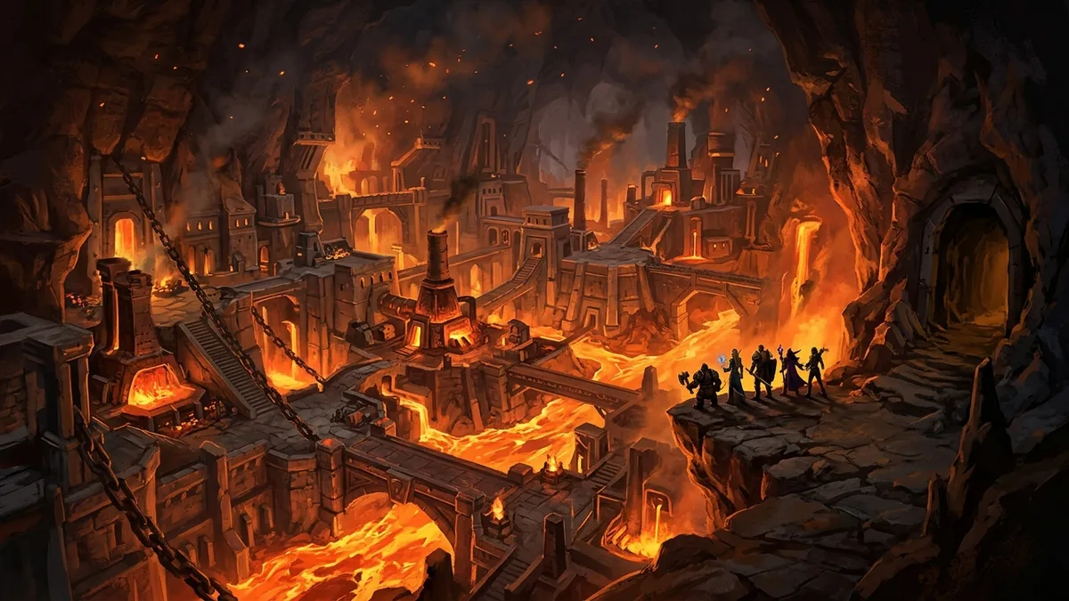 A vast underground dwarven city of lava forges and bridges, five tiny adventurers at the entrance