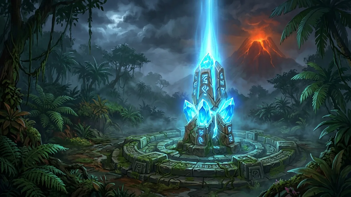 A glowing blue crystal pylon inside a carved stone ring in a misty jungle crater at night