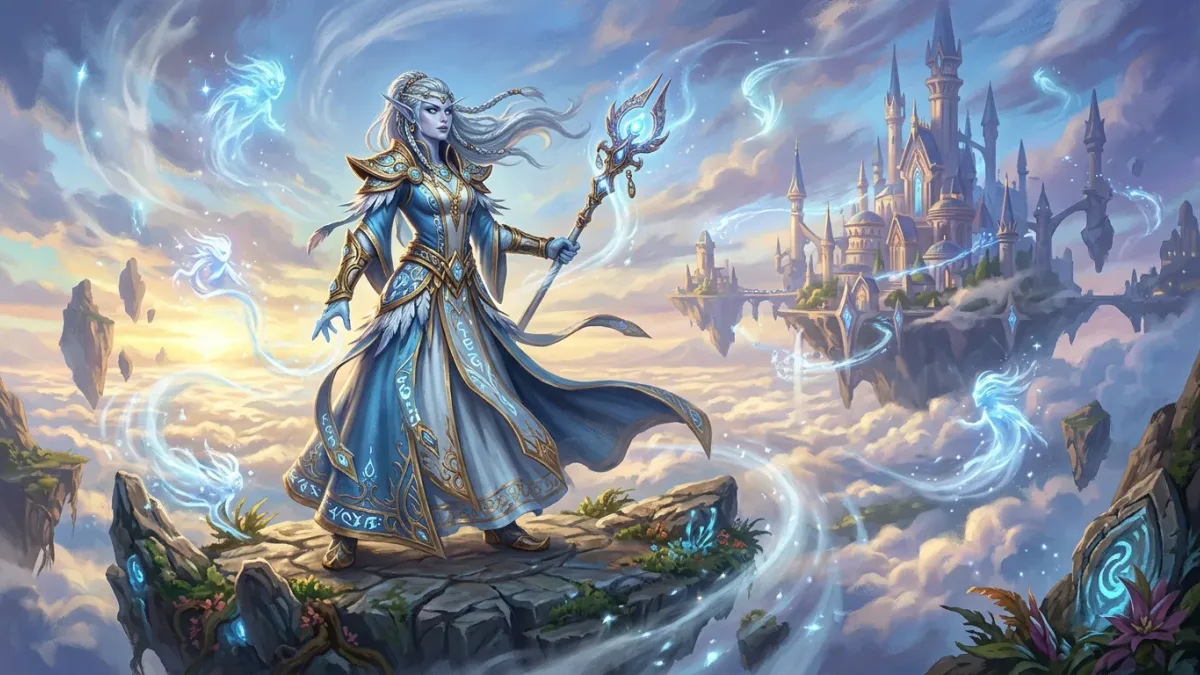 A pale blue high elf in sky-blue robes standing on a floating island above the clouds