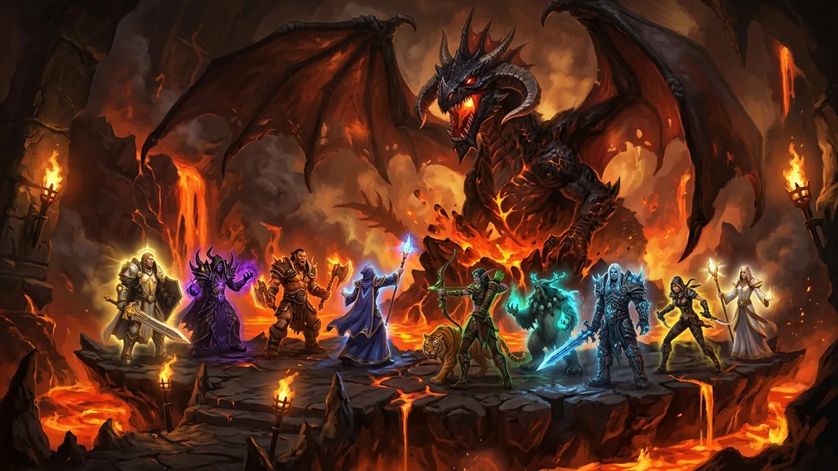 A raid group of nine class heroes facing a huge black dragon on a lava dais