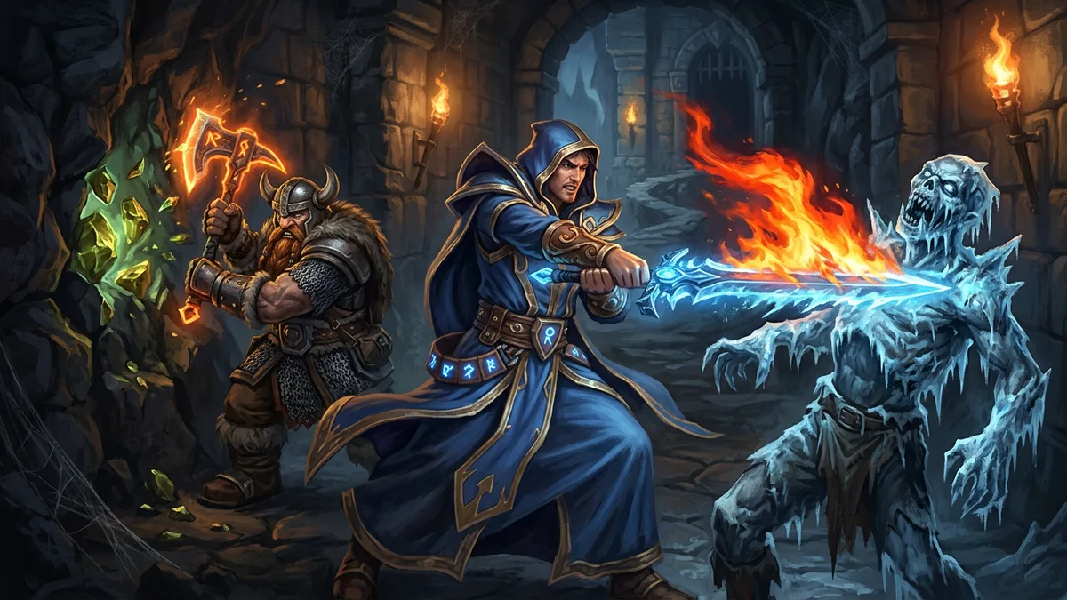 A mage swinging a frost-blue sword that bursts into flame against a frozen ghoul while a dwarf chops glowing ore from a wall
