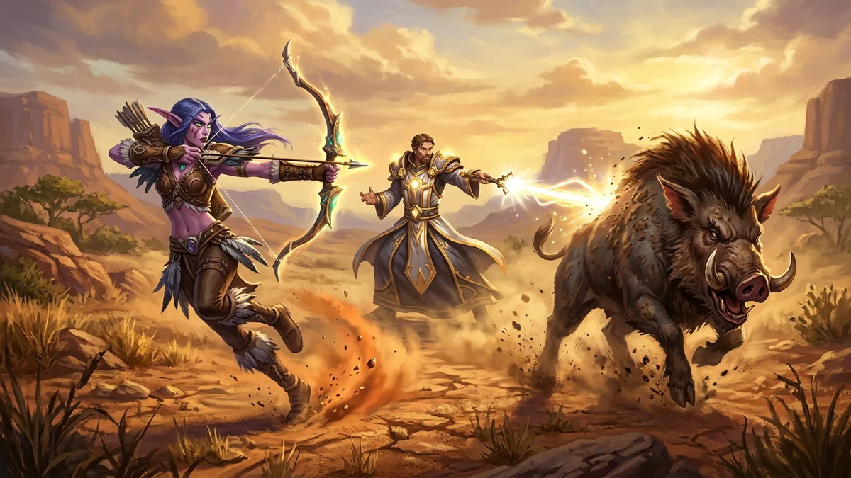 A night elf hunter running backwards across the Barrens firing at a charging boar, beside a priest firing a wand