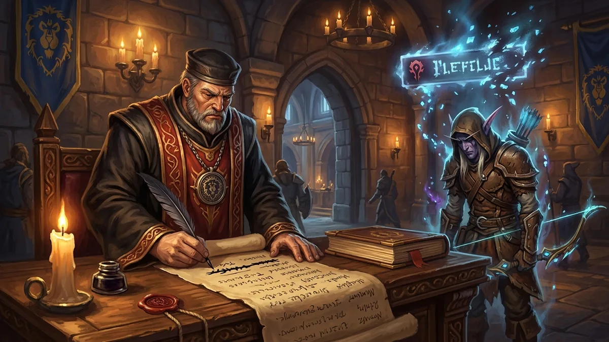 A magistrate striking a name from a long registry while a ghostly nameplate above an adventurer dissolves