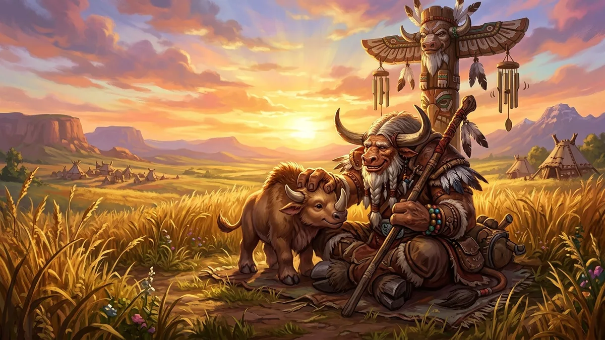 An elderly tauren reunited with a young kodo at sunset in the tall grass of Mulgore