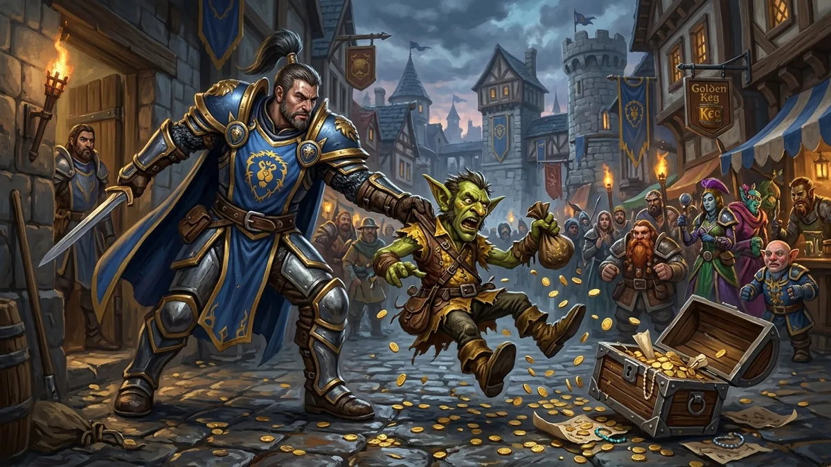 A Stormwind guard throwing a goblin gold seller out of the trade district, with gold coins spilled on the cobblestones