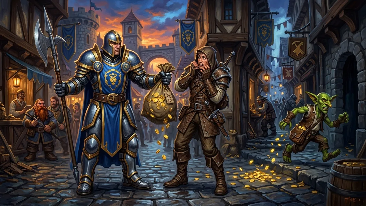 A Stormwind guard confiscating a sack of gold from an adventurer while a goblin flees down an alley