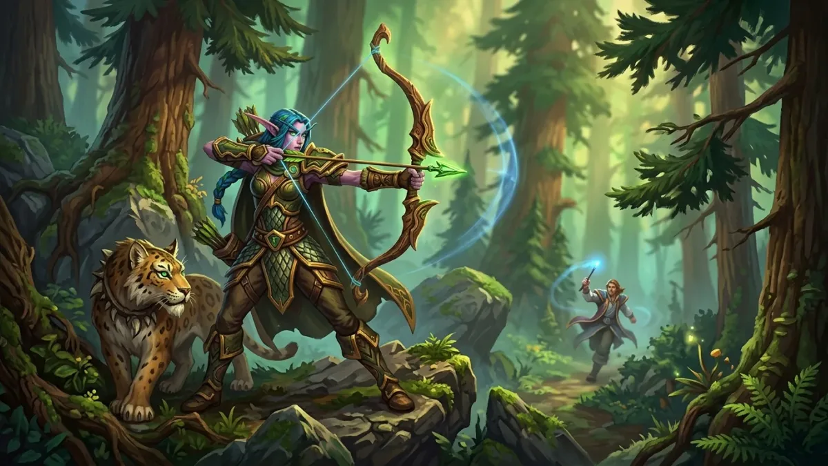 Painted illustration of a hunter standing still to draw a bow while a mage runs in the background