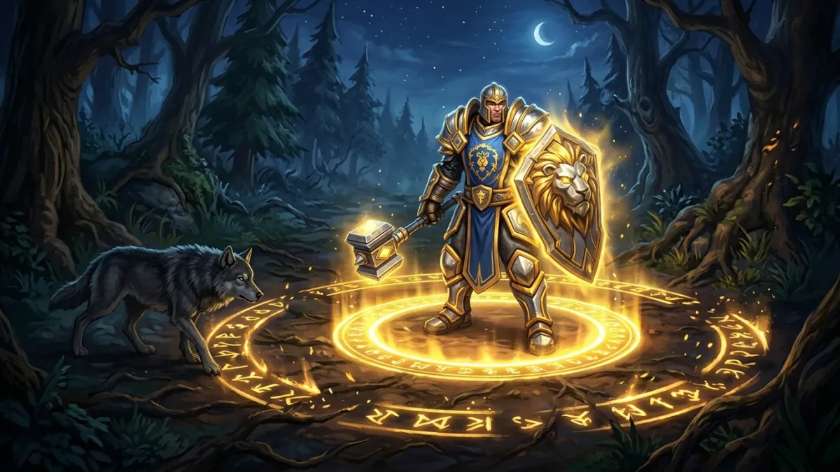 Painted illustration of a paladin standing in a glowing golden circle that fades at its edge as a wolf walks through