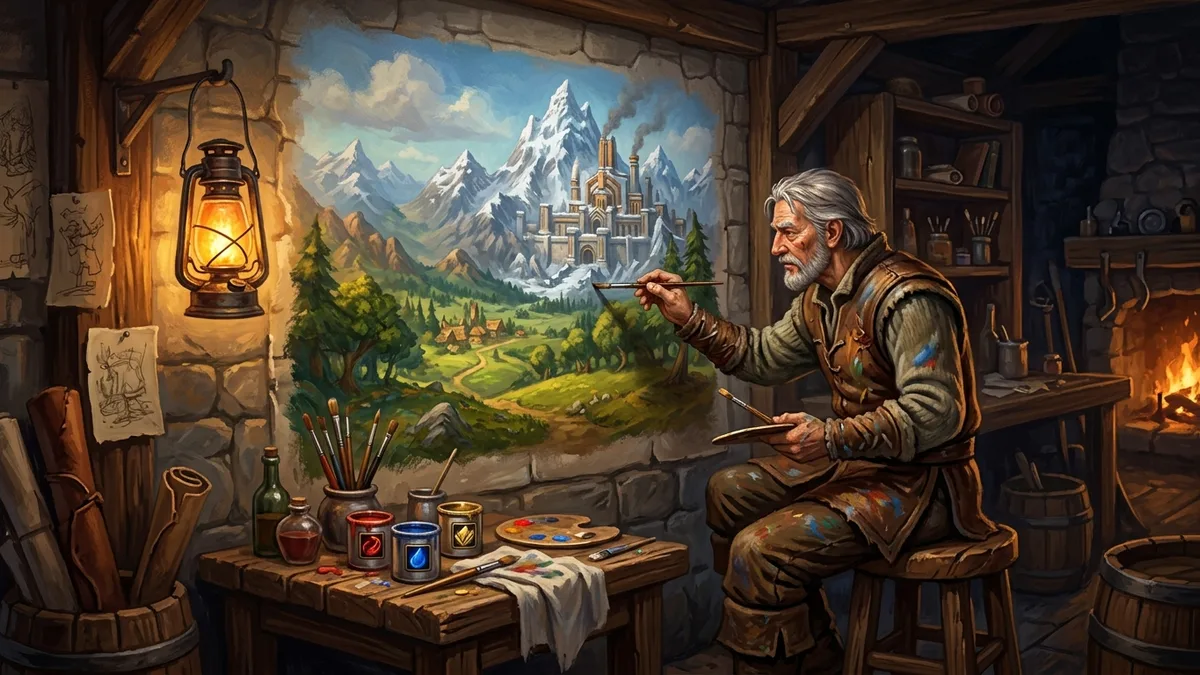 An artisan painting a classic Azeroth landscape mural on a workshop wall by lantern light