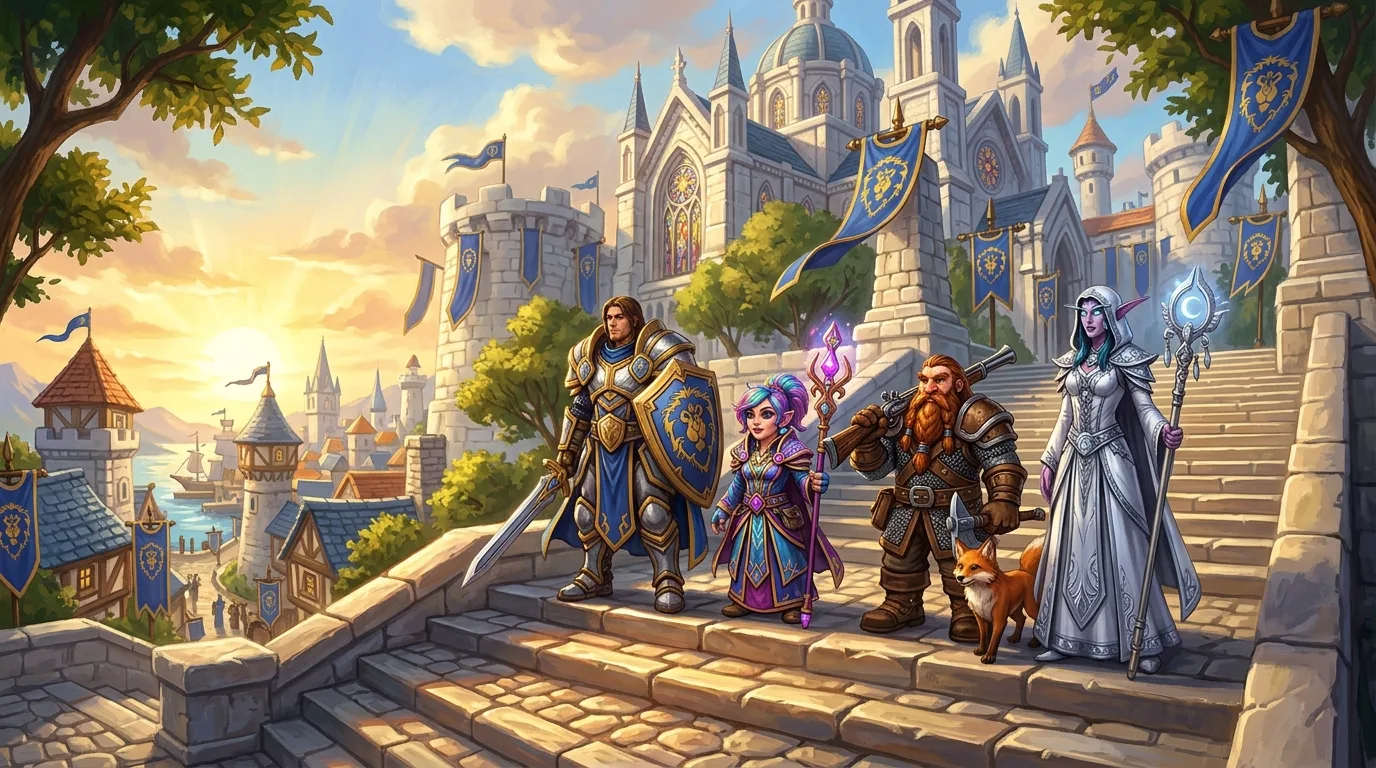 A human warrior, a gnome mage, a dwarf hunter and a night elf priestess on the Stormwind Cathedral steps at sunrise