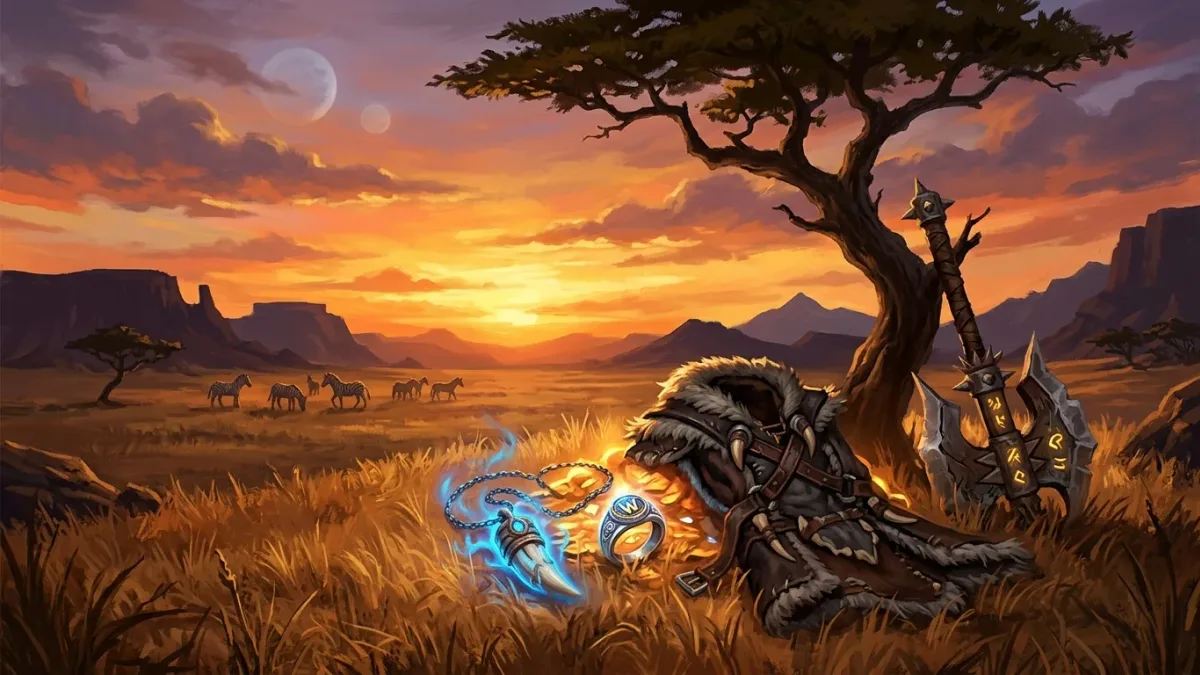 A glowing pendant, ring, raptor hide cloak and orcish axe lying in the golden grass of the Barrens at sunset