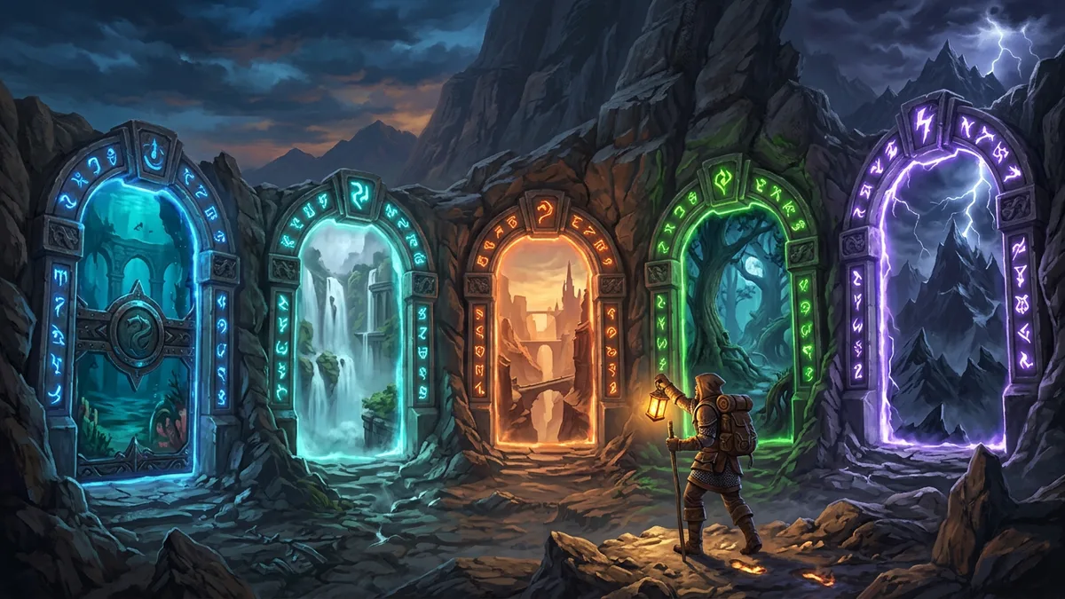 Five sealed dungeon gates along a cliff wall, each glowing with warding runes and hinting at a different world behind it