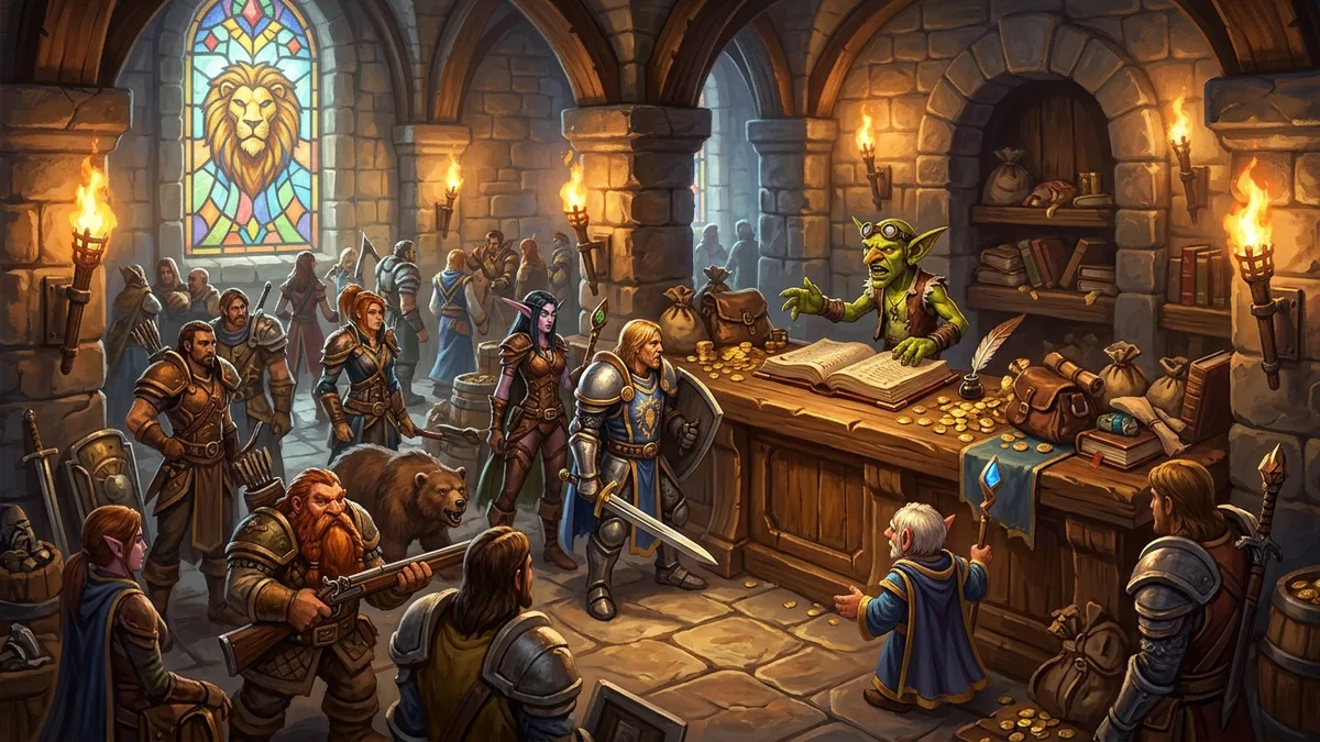 A goblin auctioneer behind a counter of gold coins in a warm stone Stormwind auction house