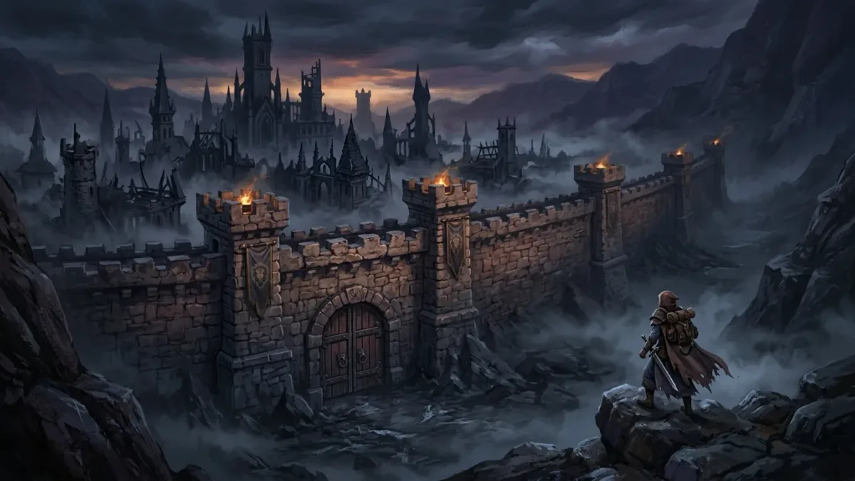 Painted illustration of a sealed fortress wall with a ruined gothic city behind it in unnatural darkness
