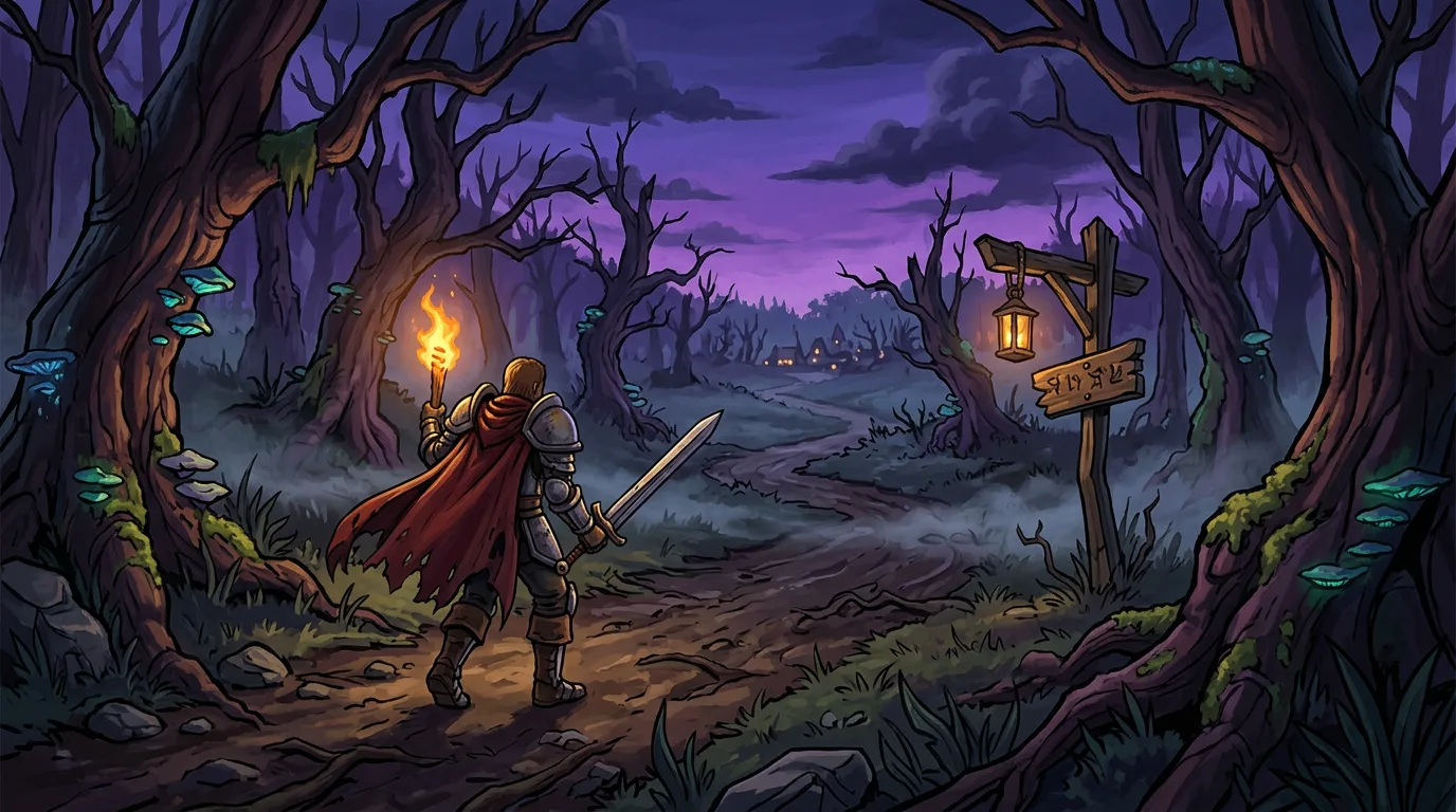 A lone human warrior carrying a torch along a foggy road through the dark forest of Duskwood at dusk