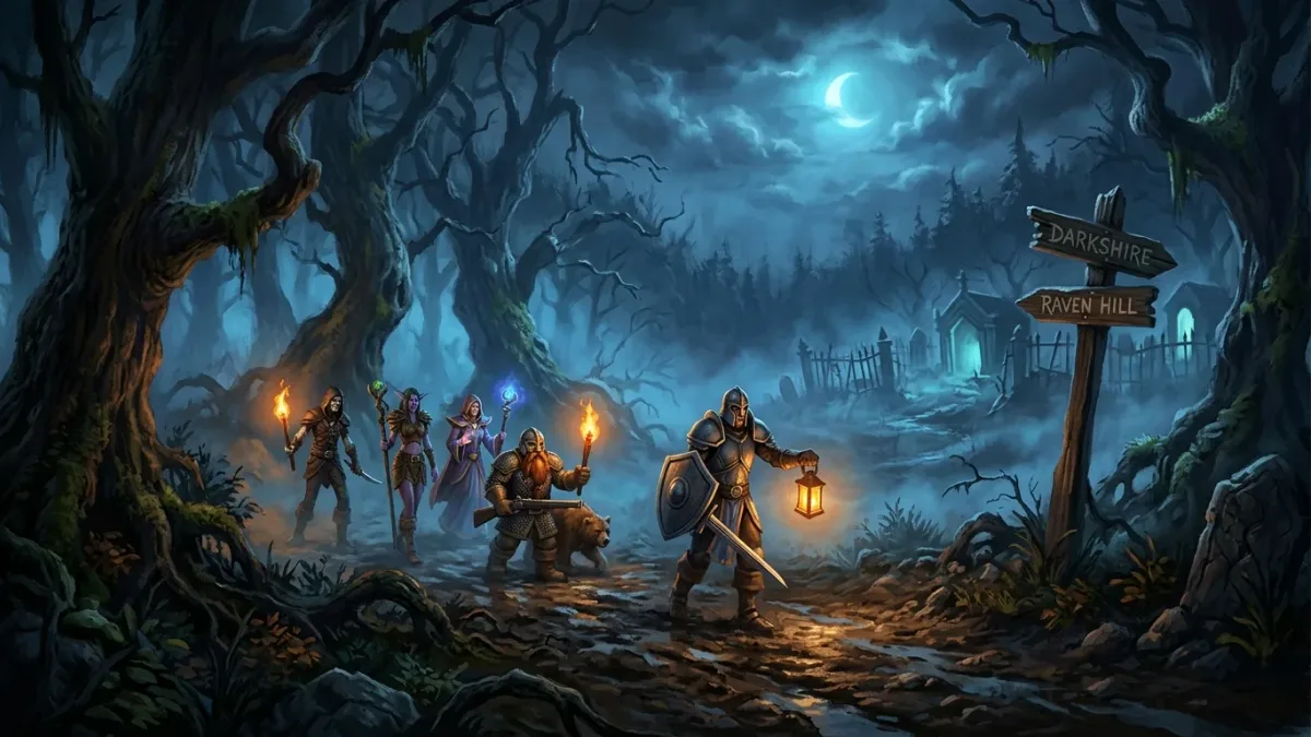 Adventurers carrying lanterns and torches through foggy Duskwood forest at night