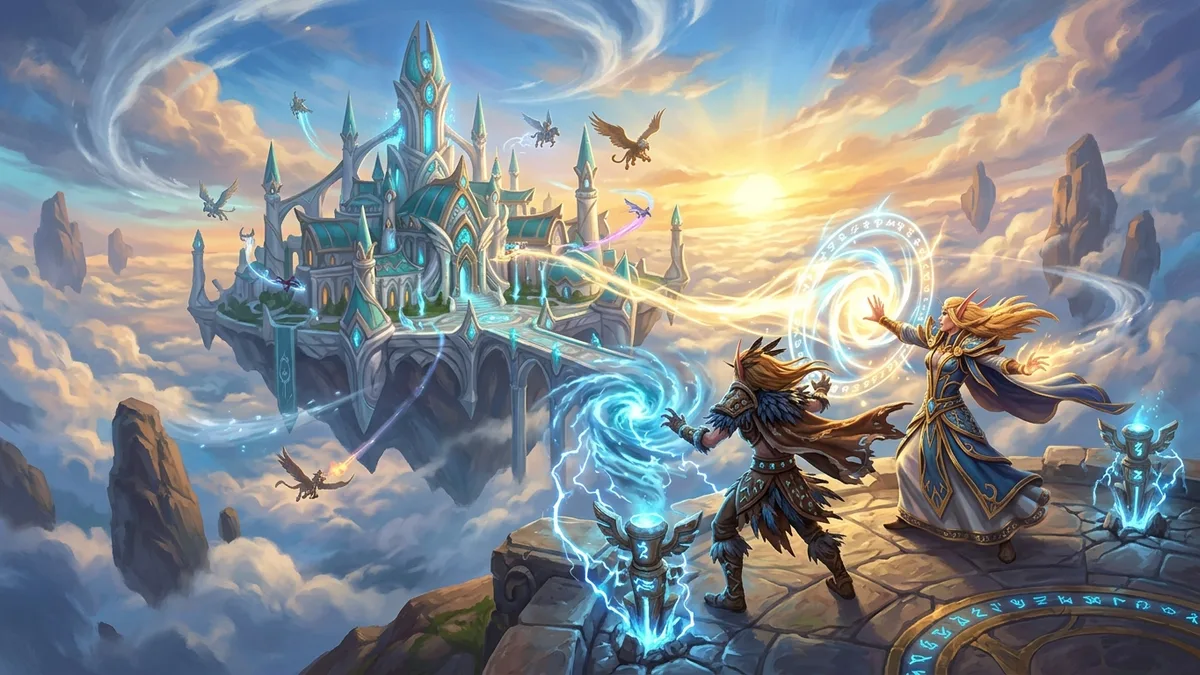 A floating elven city of wind-carved white and turquoise architecture above the clouds, with two elves channeling storm and arcane magic