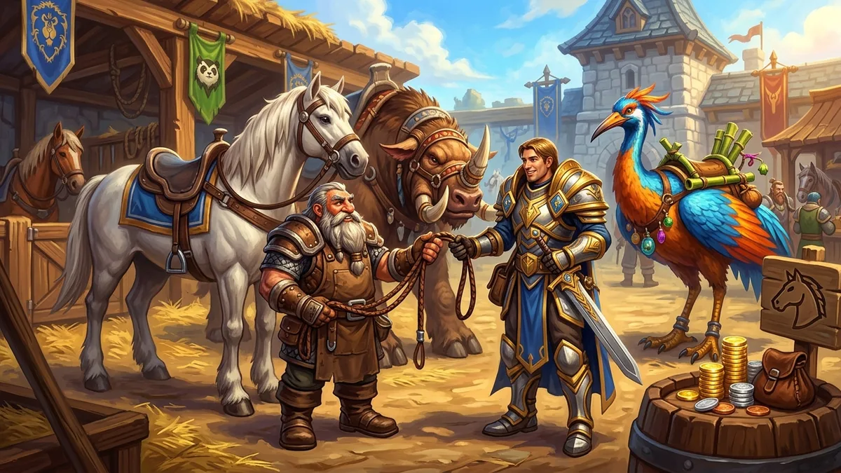 A stable master handing reins to an adventurer in front of a horse, a kodo and a feathered crane, gold coins stacked on a barrel