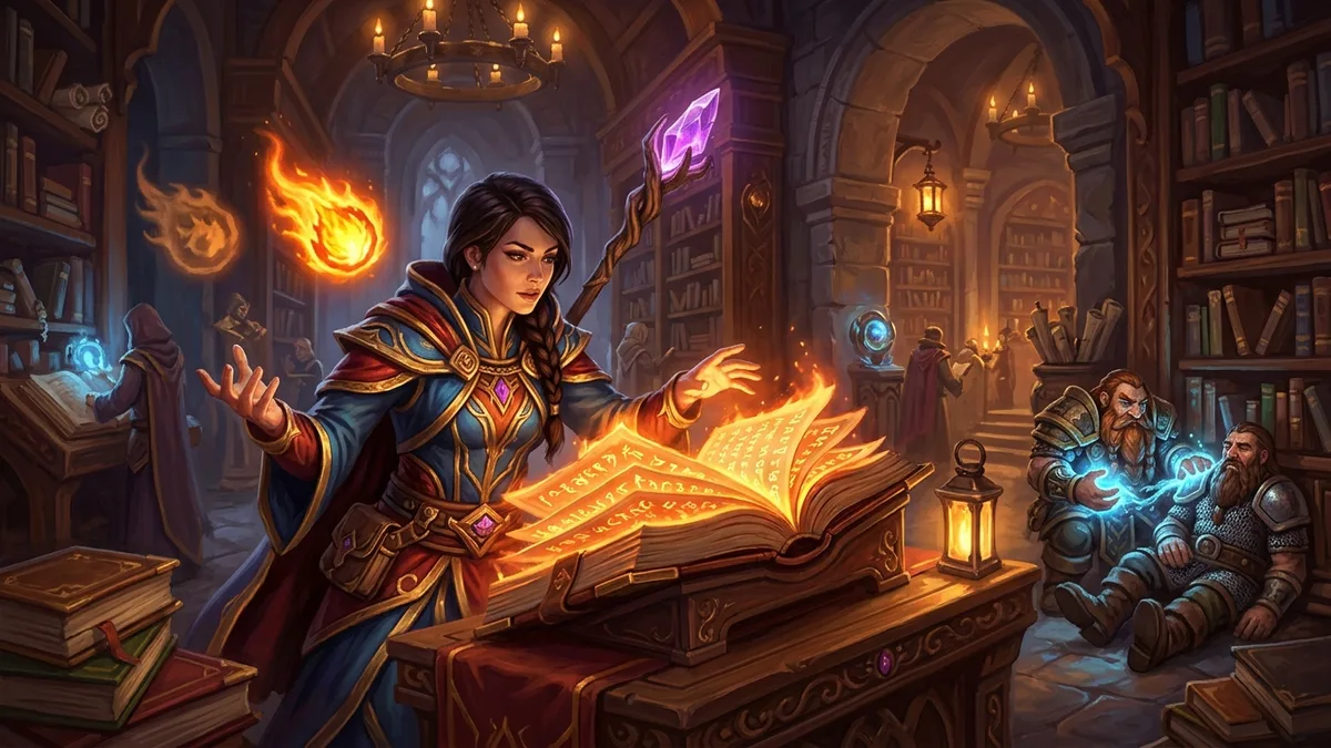 A mage studying a glowing spellbook with tiers of fire runes, a dim old rune beside a brighter new one, a dwarf shaman healing behind