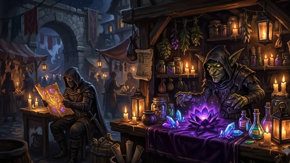 A goblin merchant selling a glowing black lotus and arcane crystals while a hooded rogue studies a glowing scroll