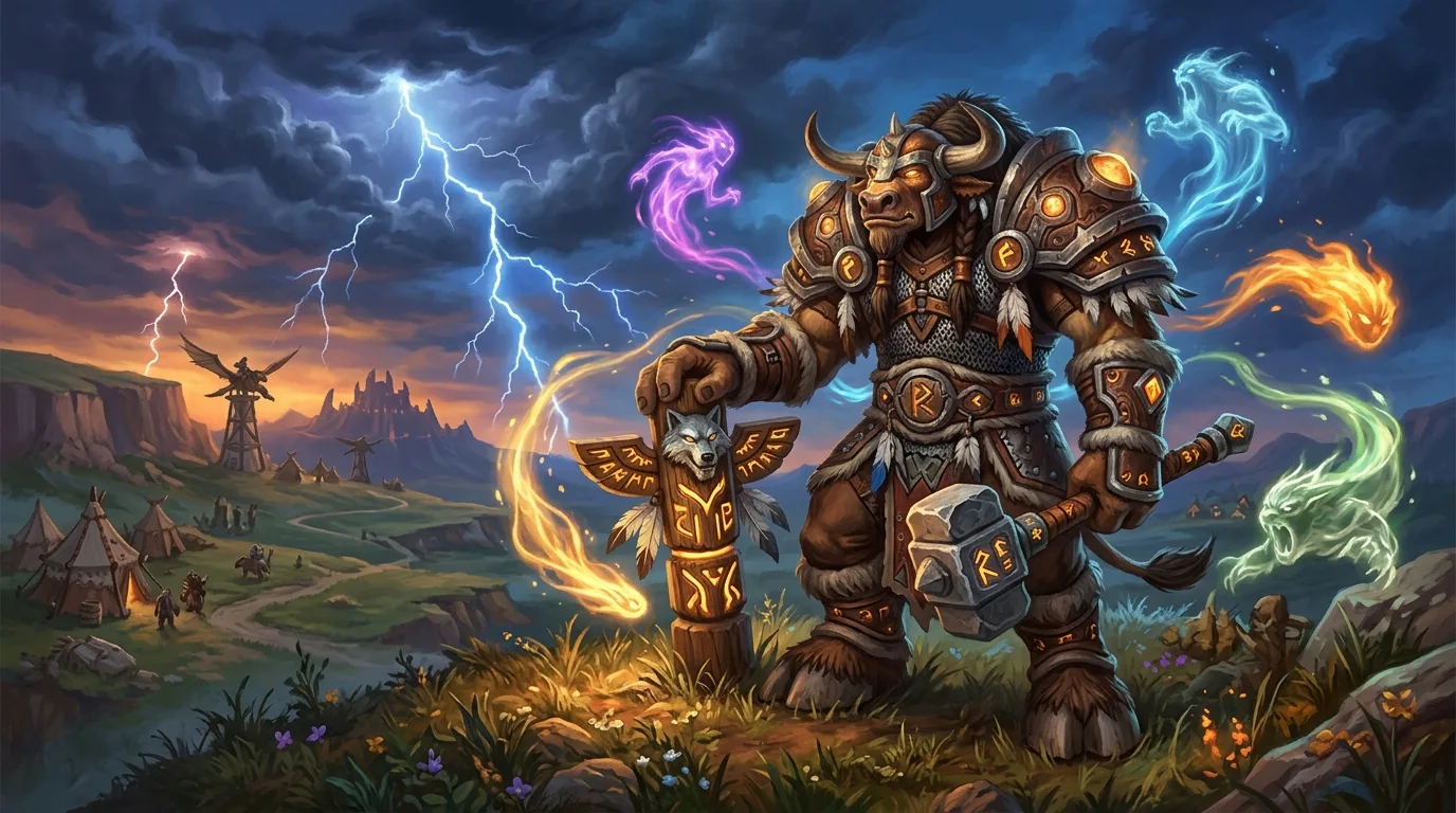 A tauren shaman with a totem standing on the plains of Mulgore at twilight