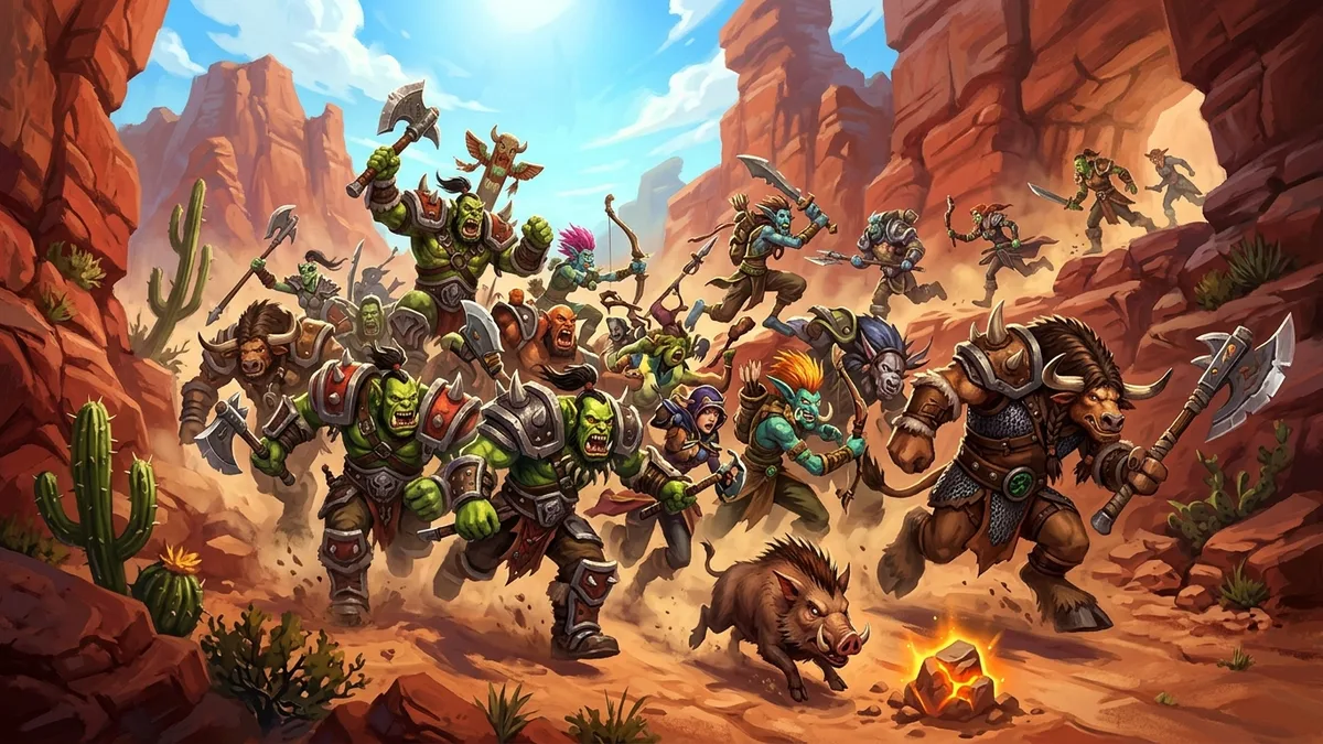 A crowd of orc, troll and tauren adventurers in Durotar rushing toward a single boar and a single glowing rock