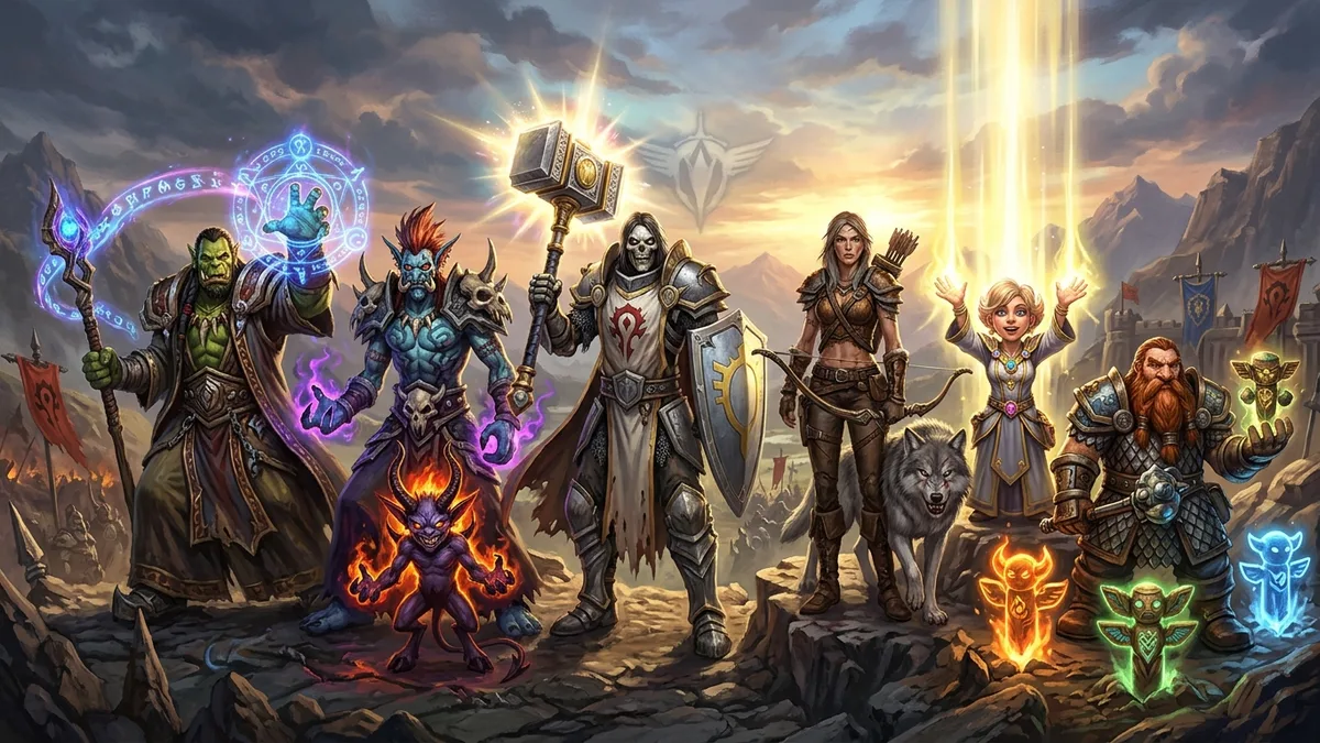 A group portrait of unusual hero pairings: an orc casting arcane magic, a troll with an imp, an undead paladin, a human hunter, a gnome priest and a dwarf shaman