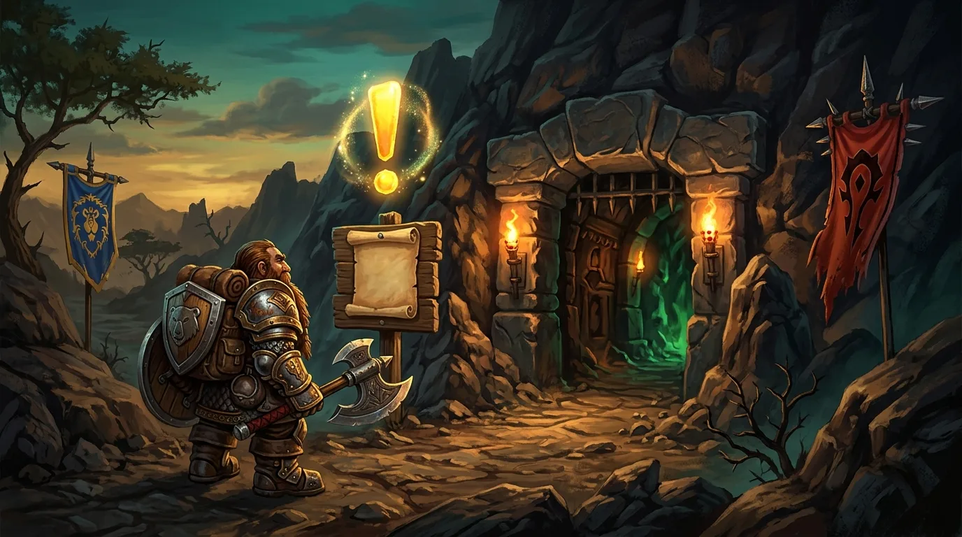 An adventurer at the entrance of a Barrens dungeon with a glowing quest marker above a parchment scroll