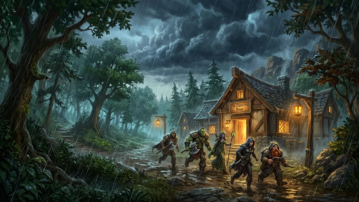 A torrential rainstorm over a forest village inn, with adventurers hurrying toward the lit doorway through fog