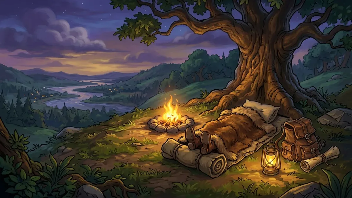 Painted illustration of a bedroll and campfire on a hillside at dusk with a travel pack and a map