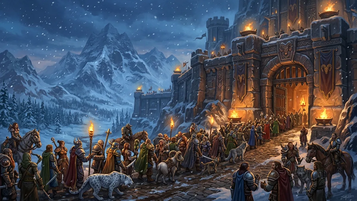 Adventurers queued along a torchlit snowy road outside a dwarven keep gate at dusk