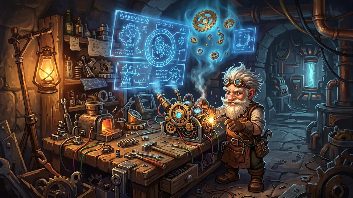 A gnome tinker's workshop with glowing schematics and brass gears over a workbench