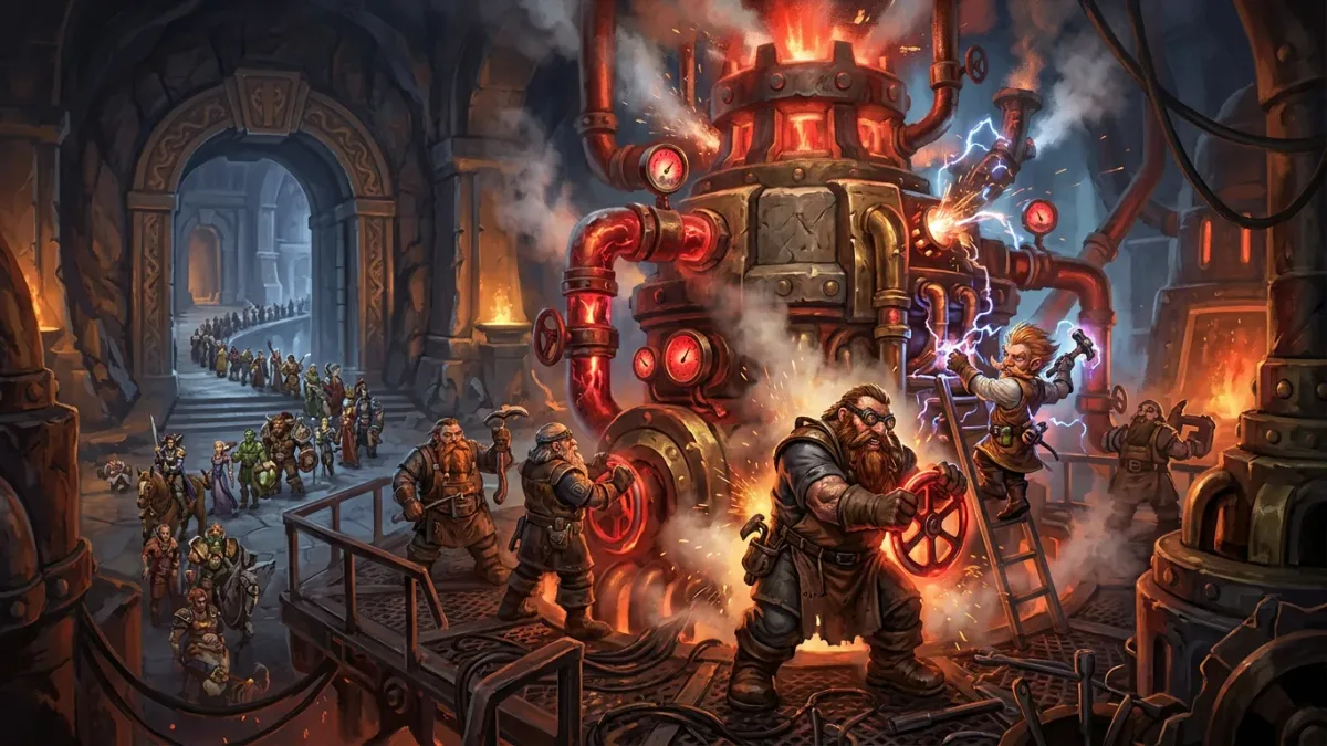 Dwarf and gnome engineers struggling with an overheating giant machine beneath Ironforge while adventurers queue outside