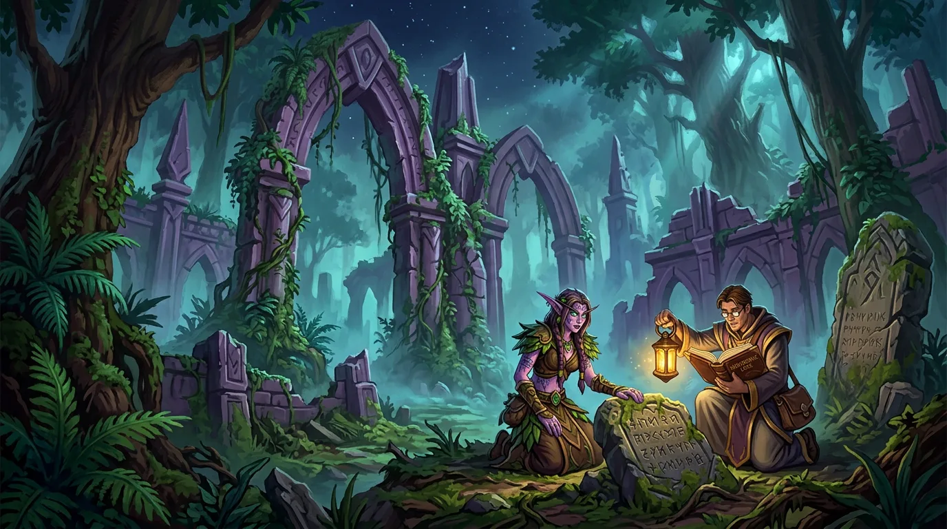 A night elf druid and a human scholar studying an old tablet in the overgrown elven ruins of Dire Maul in Feralas