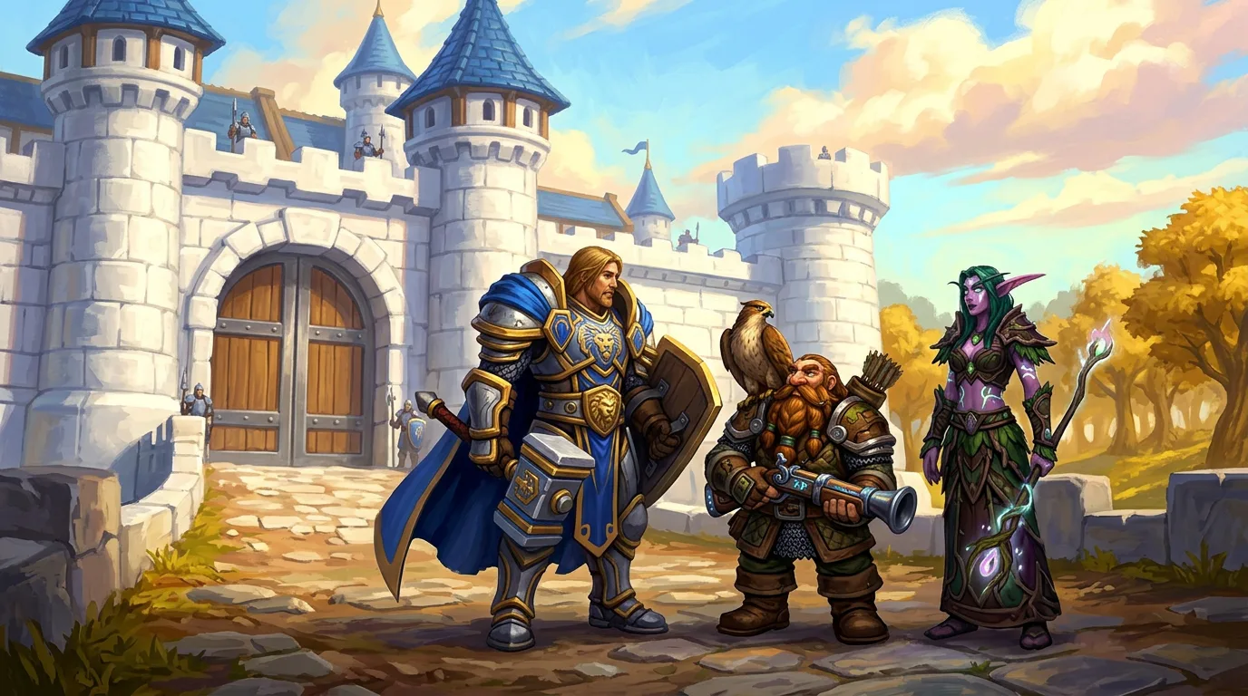 A human paladin, dwarf hunter and night elf druid look out over Elwynn Forest toward Stormwind City at sunrise.