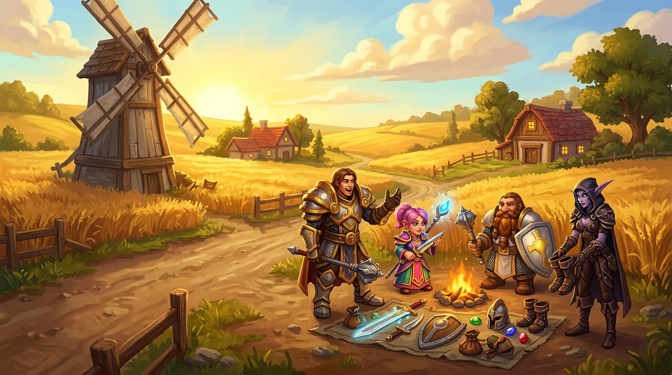A human warrior, gnome mage, dwarf priest and night elf rogue compare loot by a campfire on a Westfall road at sunset.