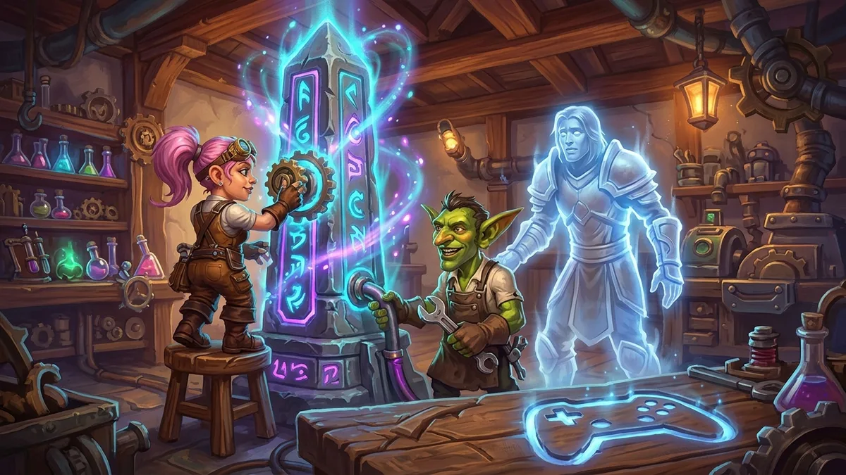A gnome engineer and a goblin technician repairing a glowing arcane obelisk while a locked-out adventurer fades back into solid form