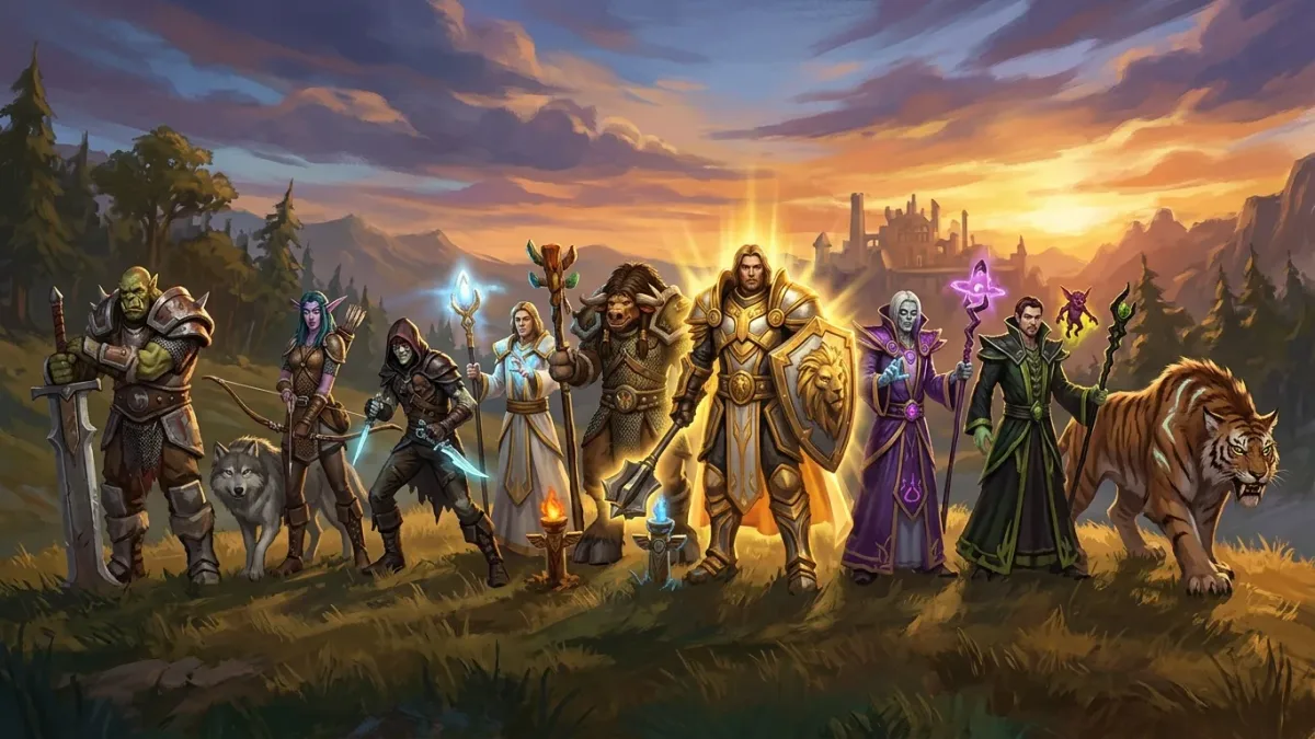 Nine classic World of Warcraft heroes on a hill at golden hour, a glowing paladin in the center and a weary warrior at the edge