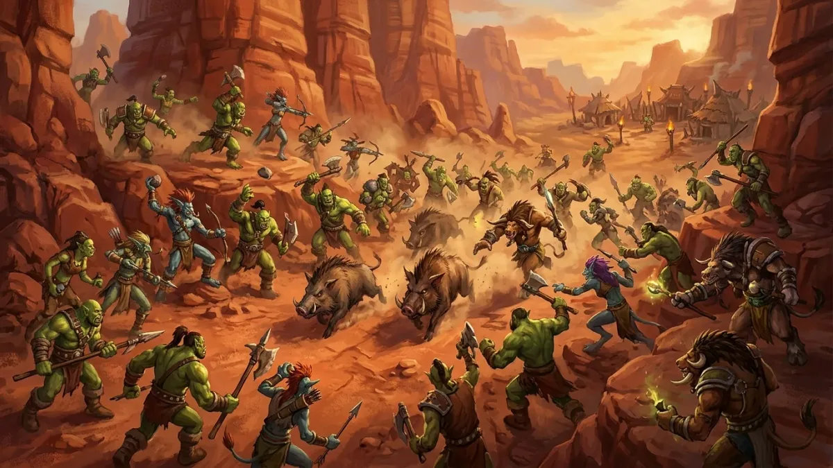 Dozens of new orc, troll and tauren adventurers chasing the same few boars across a red Durotar canyon
