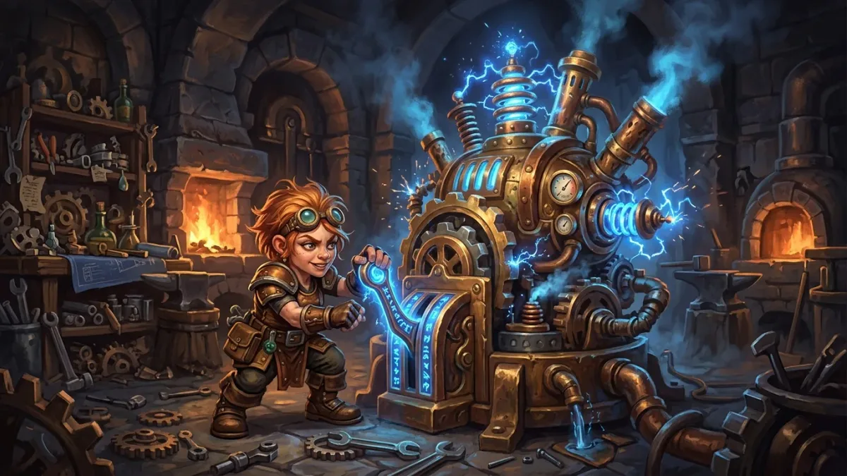 A gnome engineer adjusting a glowing lever on a sparking brass machine in an Ironforge workshop