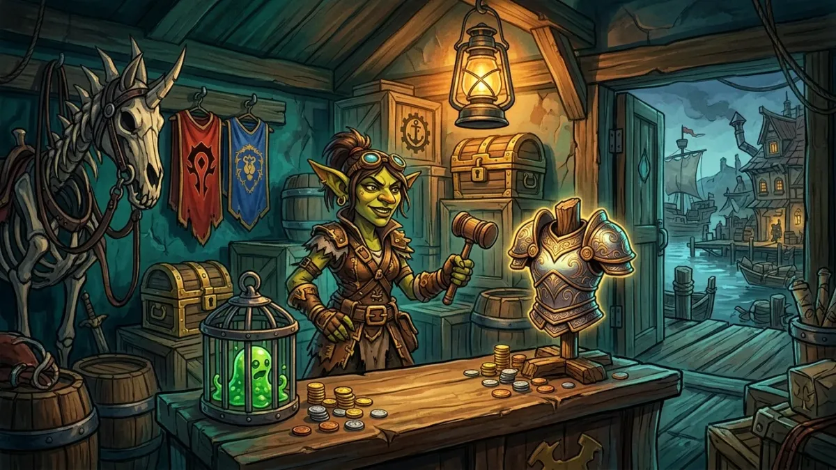 Painted illustration of a goblin auctioneer with a gavel in a smuggler's den full of rare goods and gold