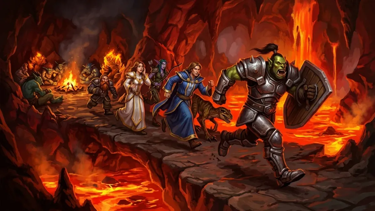 A party of five adventurers sprinting past enemy packs through the lava caverns of Ragefire Chasm