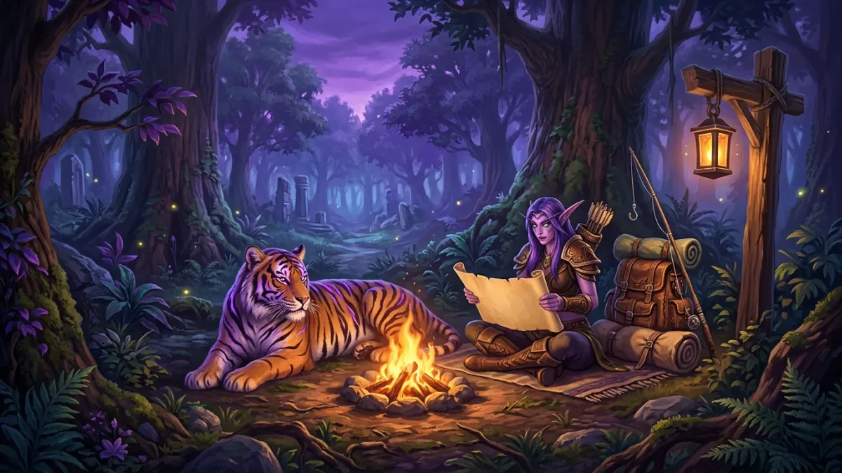 A night elf hunter and her tiger studying a map by a campfire at an Ashenvale crossroads