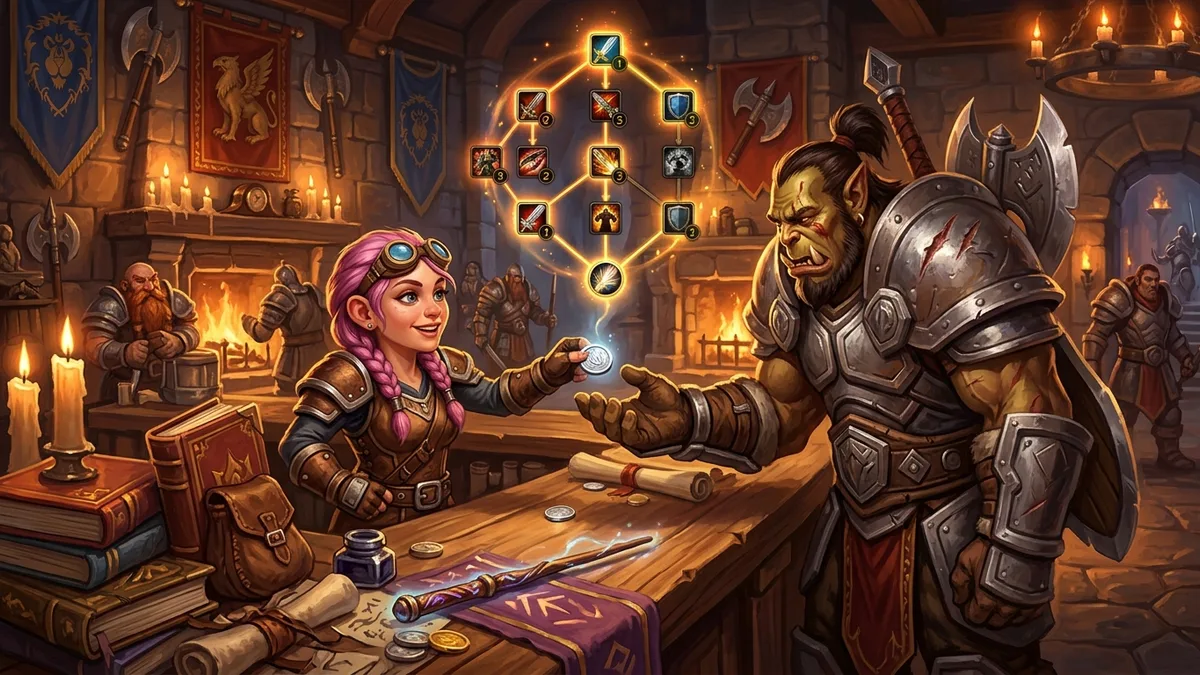 A gnome trainer handing a single silver coin back to a relieved orc warrior under a glowing talent tree