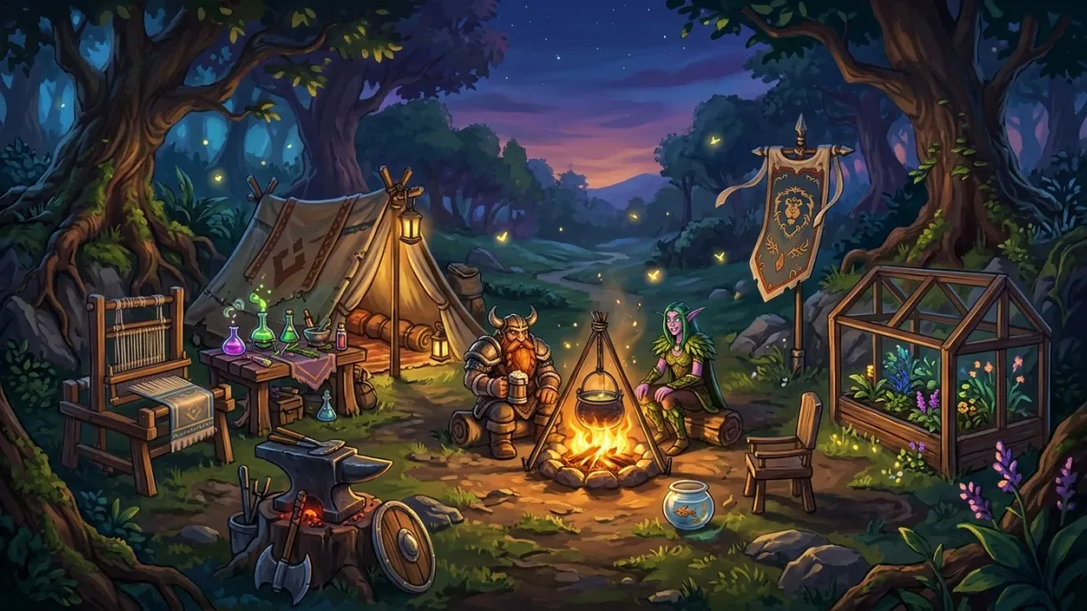 Painted illustration of a Warcraft adventurer camp at dusk with a campfire, tent, anvil and alchemy table