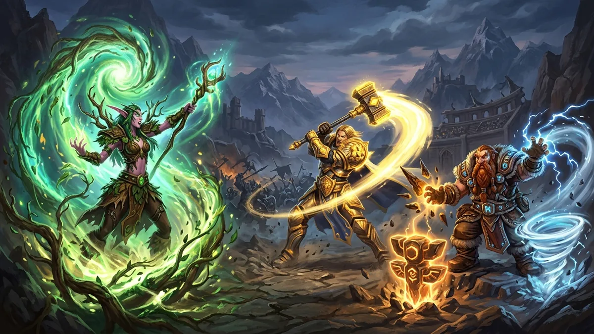 A druid channeling a nature spell, a paladin swinging a golden hammer and a shaman with glowing totems in a mountain arena