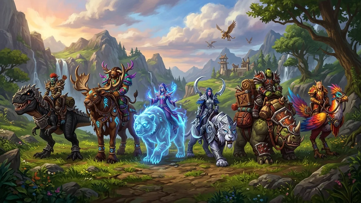 A row of new mounts in a grassy valley: a black devilsaur, a druid moose, a spectral bear, a warden saber, a pack kodo and a feathered strider