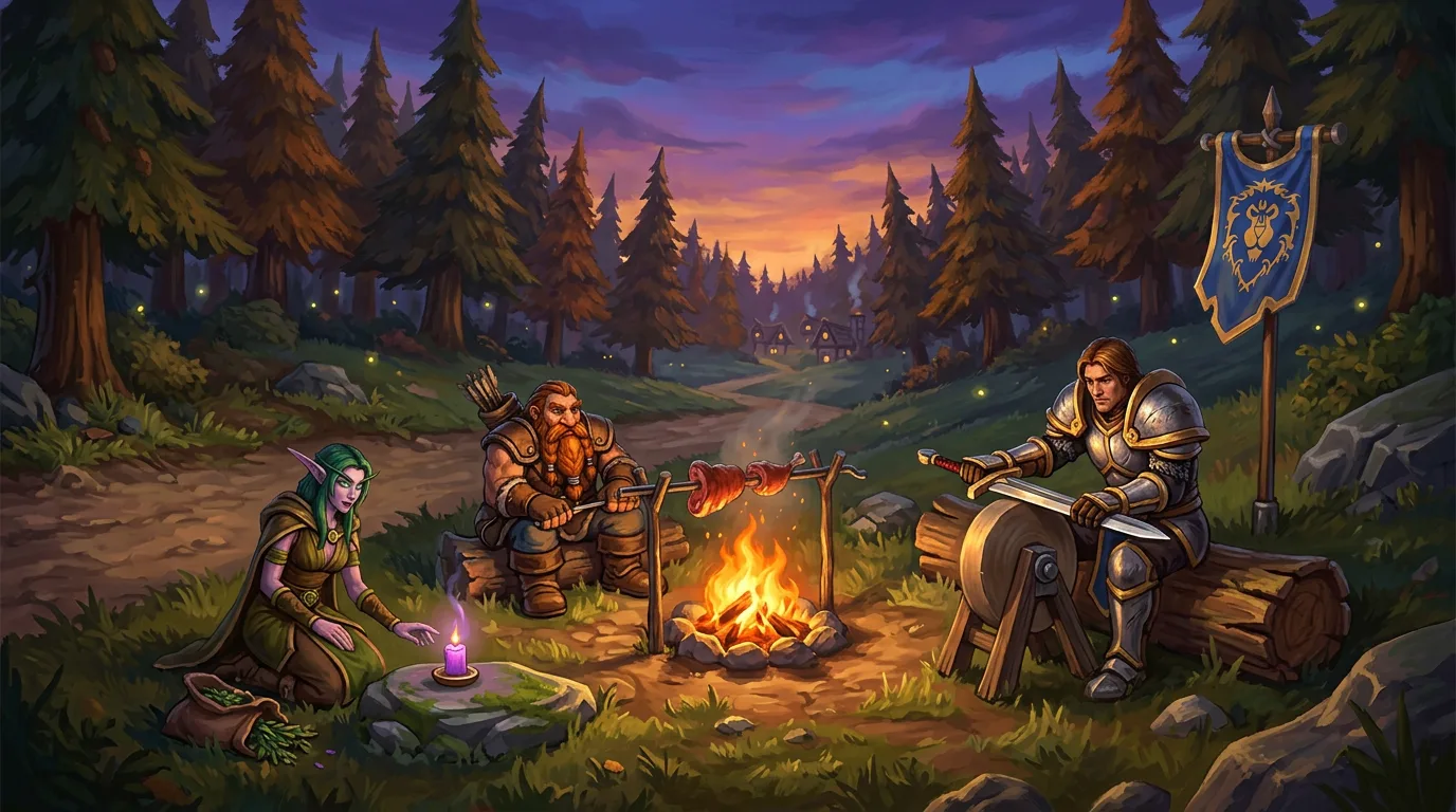A human warrior, a dwarf hunter and a night elf herbalist share a roadside campfire at dusk in Elwynn Forest